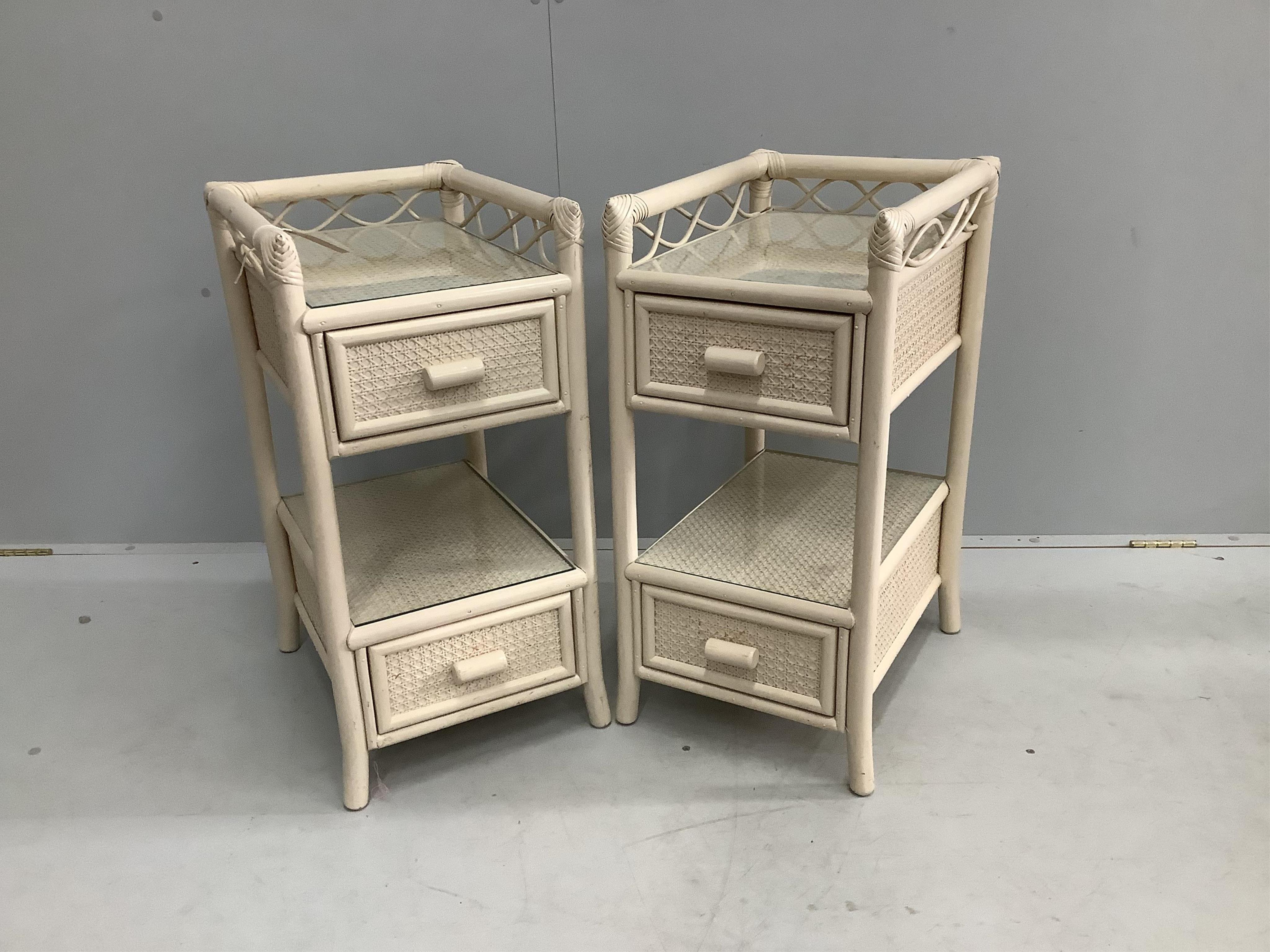 A pair of Angraves Furniture carved bamboo side tables, width 35cm, depth 46cm, height 70cm. Condition - good